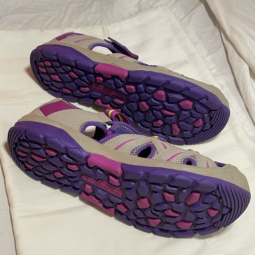 New Merrell Hydro Big Kids Size 6 Color Tan/Purple Leather - Picture 6 of 7